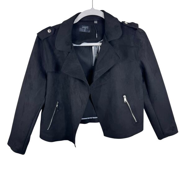 Tahari NWT Black Faux Suede Cropped Collared Stretch Open Moto Jacket Size XL - Picture 2 of 8